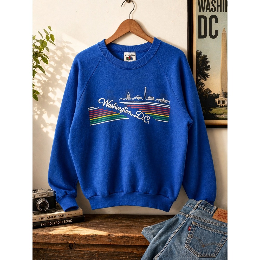 Vintage Fruit of the Loom Washington DC Sweatshirt Blue Rainbow Large 90s Y2k‎